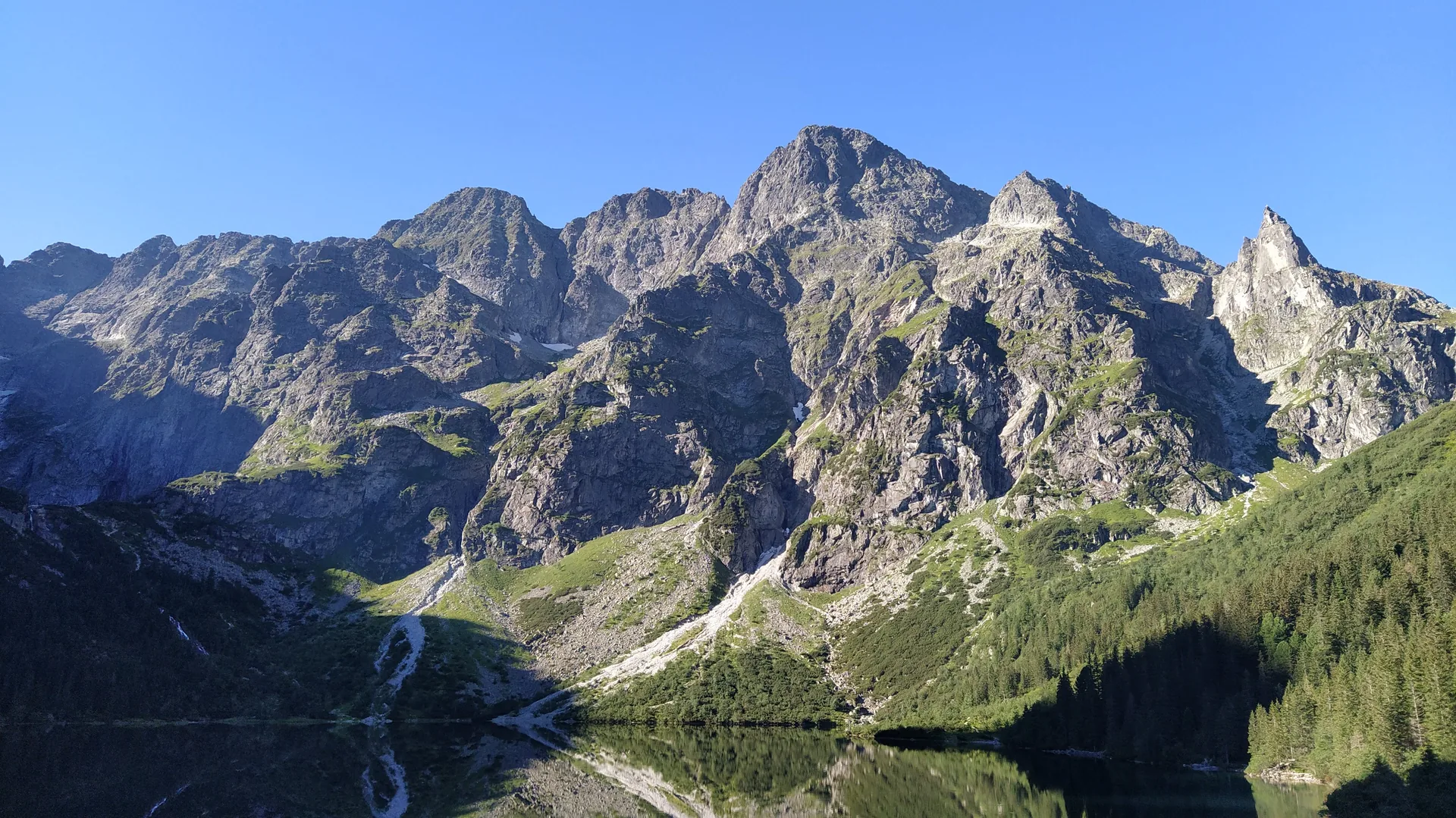 Blick über den Morskie Oko auf die Gipfel der polnischen Tatra